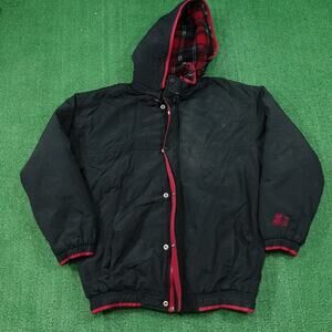 VINTAGE STARTER BRAND BLACK HOODED PUFFER JACKET MENS SIZE M MEDIUM **READ**